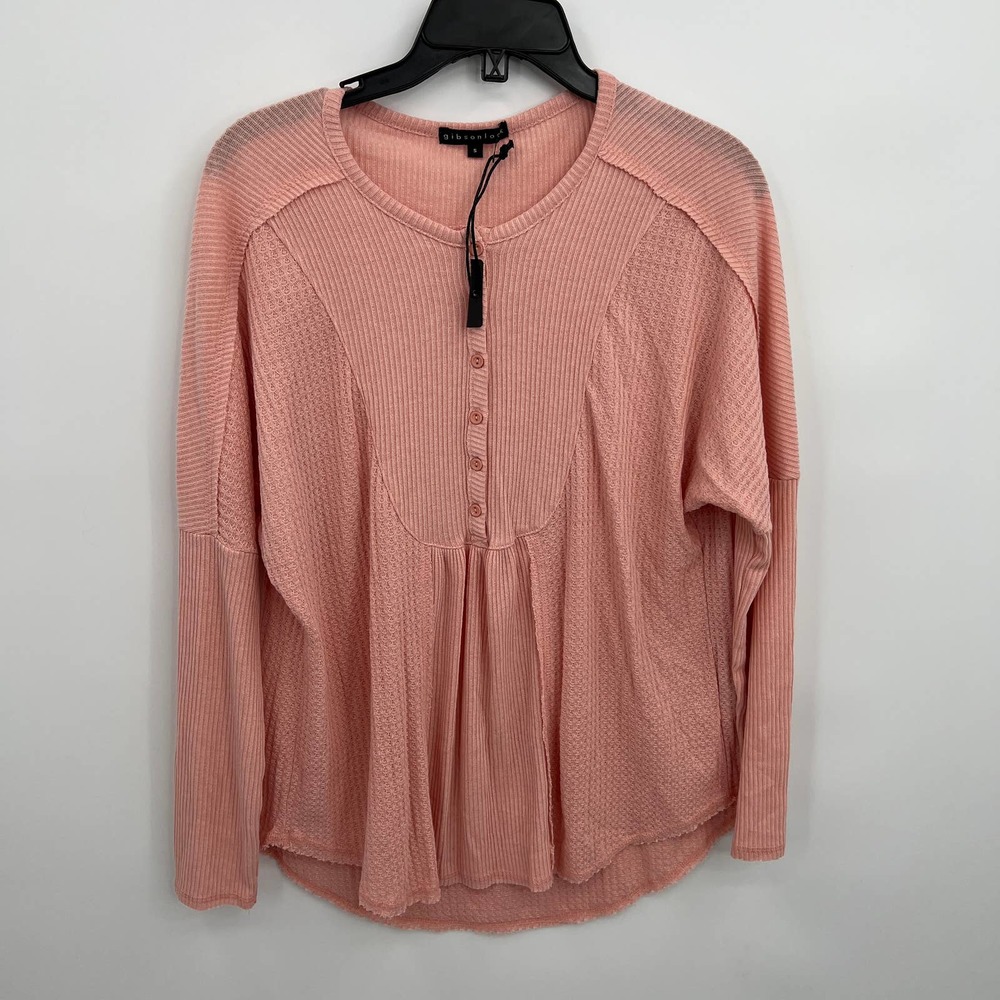 Gibsonlook Women's Pink Long Sleeve Round Neck Waffle Knit Henley Top Size S